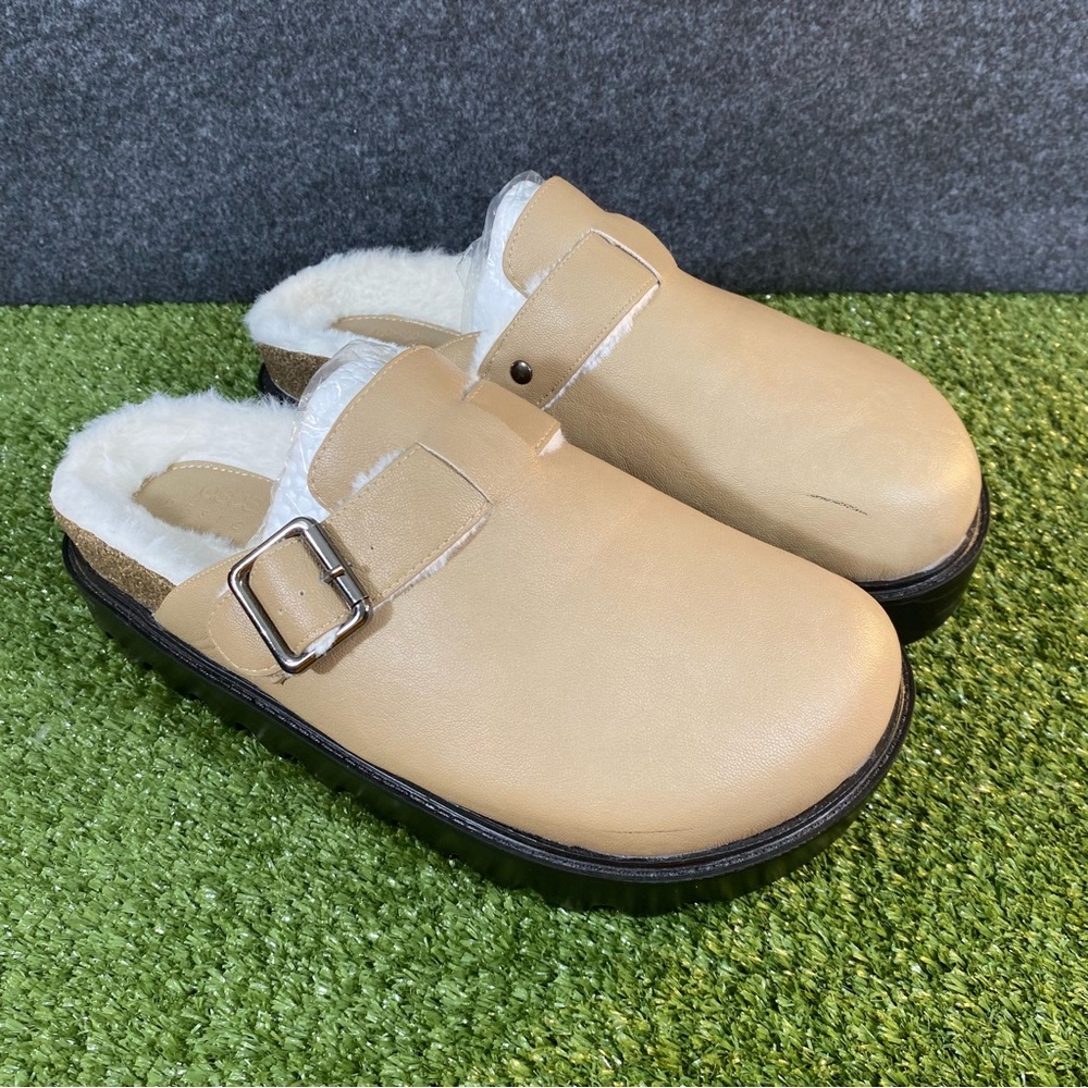 ASOS Design Boston Vegan Leather Clogs Womens Size 8 Taupe Soft Footbed Sandals